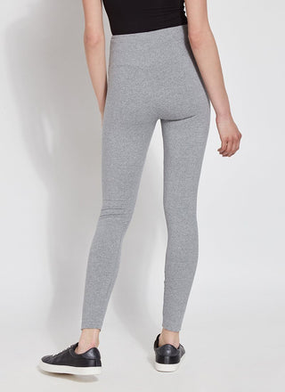 color=Grey Melange, back view, stretch cotton leggings, yoga pants, with smoothing comfort waistband and lifting, contouring seaming 