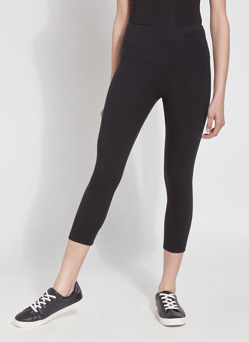 color=Black, Front view of black flattering cotton crop leggings with concealed waistband for control and comfort