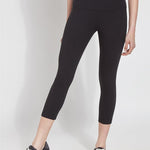 color=Black, Front view of black flattering cotton crop leggings with concealed waistband for control and comfort