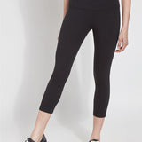 color=Black, Front view of black flattering cotton crop leggings with concealed waistband for control and comfort