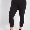 color=Black, front view, flattering cotton crop leggings, like yoga pants,  with concealed waistband for control and comfort