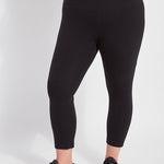 color=Black, front view, flattering cotton crop leggings, like yoga pants,  with concealed waistband for control and comfort