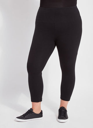 color=Black, front view, flattering cotton crop leggings, like yoga pants,  with concealed waistband for control and comfort