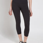 color=Black, Front view of black flattering cotton crop leggings with concealed waistband for control and comfort