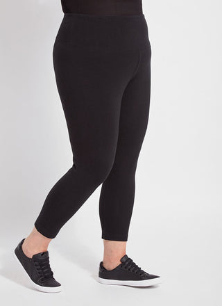 color=Black, side view, flattering cotton crop leggings, like yoga pants,  with concealed waistband for control and comfort