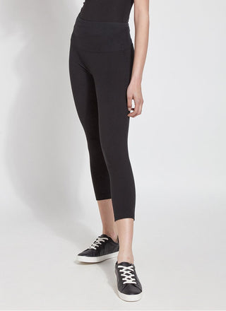 color=Black, Angled front view of black flattering cotton crop leggings with concealed waistband for control and comfort