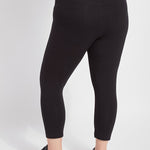 color=Black, back view, flattering cotton crop leggings, like yoga pants,  with concealed waistband for control and comfort