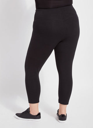 color=Black, back view, flattering cotton crop leggings, like yoga pants,  with concealed waistband for control and comfort
