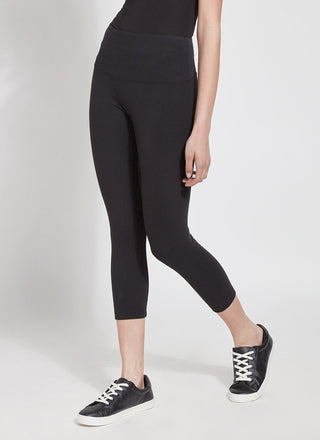 color=Black, Angled front view of black flattering cotton crop leggings with concealed waistband for control and comfort