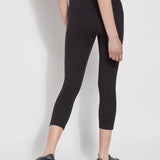 color=Black, Rear view of black flattering cotton crop leggings with concealed waistband for control and comfort
