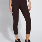 color=Double Espresso, Front view of double espresso flattering cotton crop leggings with concealed waistband for control and comfort