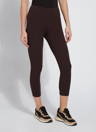 color=Double Espresso, Front view of double espresso flattering cotton crop leggings with concealed waistband for control and comfort