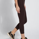 color=Double Espresso, Side view of Double Espresso flattering cotton crop leggings with concealed waistband for control and comfort