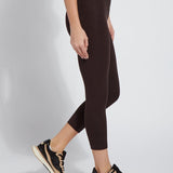 color=Double Espresso, Side view of Double Espresso flattering cotton crop leggings with concealed waistband for control and comfort