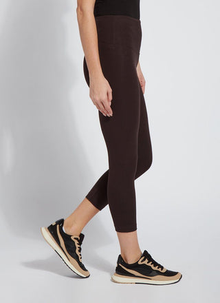 color=Double Espresso, Side view of Double Espresso flattering cotton crop leggings with concealed waistband for control and comfort