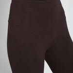 color=Double Espresso, Angled front detail view of double espresso flattering cotton crop leggings with concealed waistband for control and comfort