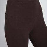 color=Double Espresso, Angled front detail view of double espresso flattering cotton crop leggings with concealed waistband for control and comfort