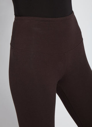 color=Double Espresso, Angled front detail view of double espresso flattering cotton crop leggings with concealed waistband for control and comfort