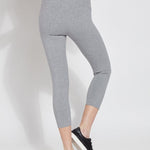 color=Grey Melange, Rear view grey melange flattering cotton crop leggings with concealed waistband for control and comfort