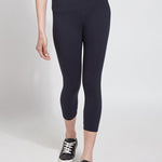 color=Midnight, Front view midnight blue flattering cotton crop leggings with concealed waistband for control and comfort