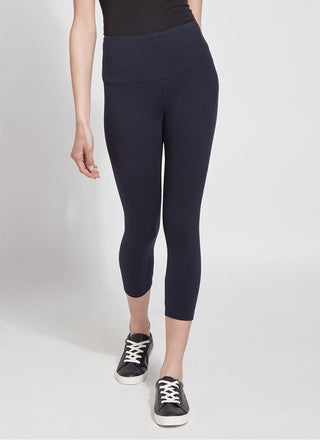 color=Midnight, Front view midnight blue flattering cotton crop leggings with concealed waistband for control and comfort