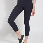 color=Midnight, Front view midnight blue flattering cotton crop leggings with concealed waistband for control and comfort