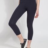 color=Midnight, Front view midnight blue flattering cotton crop leggings with concealed waistband for control and comfort