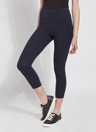 color=Midnight, Front view midnight blue flattering cotton crop leggings with concealed waistband for control and comfort