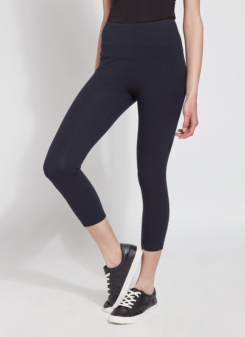 color=Midnight, angled front view, flattering cotton crop leggings, like yoga pants,  with concealed waistband for control and comfort