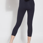 color=Midnight, Rear view midnight blue flattering cotton crop leggings with concealed waistband for control and comfort