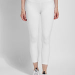 color=White, Front view white flattering cotton crop leggings with concealed waistband for control and comfort