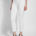 color=White, Angled front view of white flattering cotton crop leggings with concealed waistband for control and comfort
