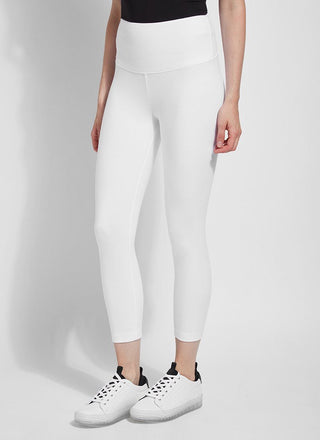 color=White, Angled front view of white flattering cotton crop leggings with concealed waistband for control and comfort
