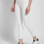 color=White, Angled front view white flattering cotton crop leggings with concealed waistband for control and comfort