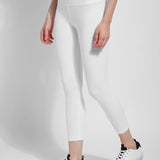 color=White, Angled front view white flattering cotton crop leggings with concealed waistband for control and comfort