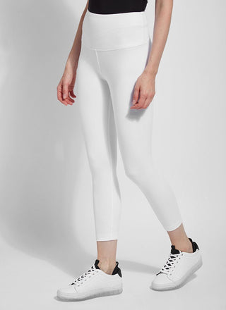 color=White, Angled front view white flattering cotton crop leggings with concealed waistband for control and comfort