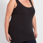 color=Black, angled front view, stretchy spandex cotton, body-slimming tank top, great lysséntial for layering