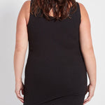 color=Black, back view, stretchy spandex cotton, body-slimming tank top, great lysséntial for layering