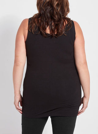 color=Black, back view, stretchy spandex cotton, body-slimming tank top, great lysséntial for layering