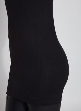 color=Black, detail shot of side and hips, stretchy spandex cotton, body-slimming tank top, great lysséntial for layering