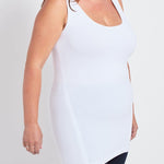 color=White, angled front view, stretchy spandex cotton, body-slimming tank top, great lysséntial for layering