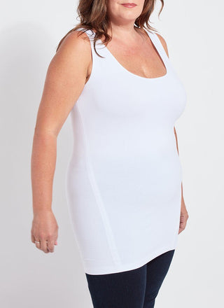color=White, angled front view, stretchy spandex cotton, body-slimming tank top, great lysséntial for layering