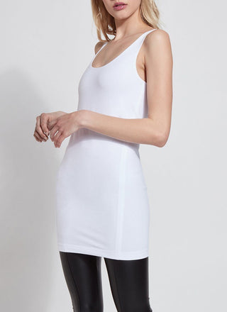 color=White, angled front view, stretchy spandex cotton, body-slimming tank top, great lysséntial for layering