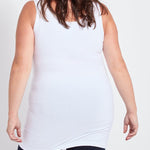 color=White, back view, stretchy spandex cotton, body-slimming tank top, great lysséntial for layering