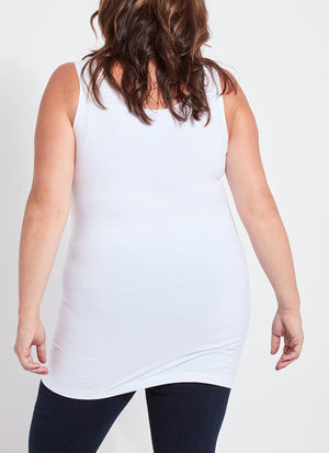color=White, back view, stretchy spandex cotton, body-slimming tank top, great lysséntial for layering