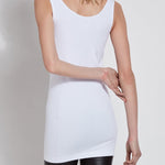 color=White, back view, stretchy spandex cotton, body-slimming tank top, great lysséntial for layering