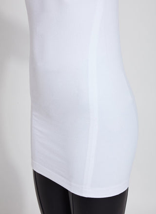 color=White, front angle hip and stomach detail, stretchy spandex cotton, body-slimming tank top, great lysséntial for layering