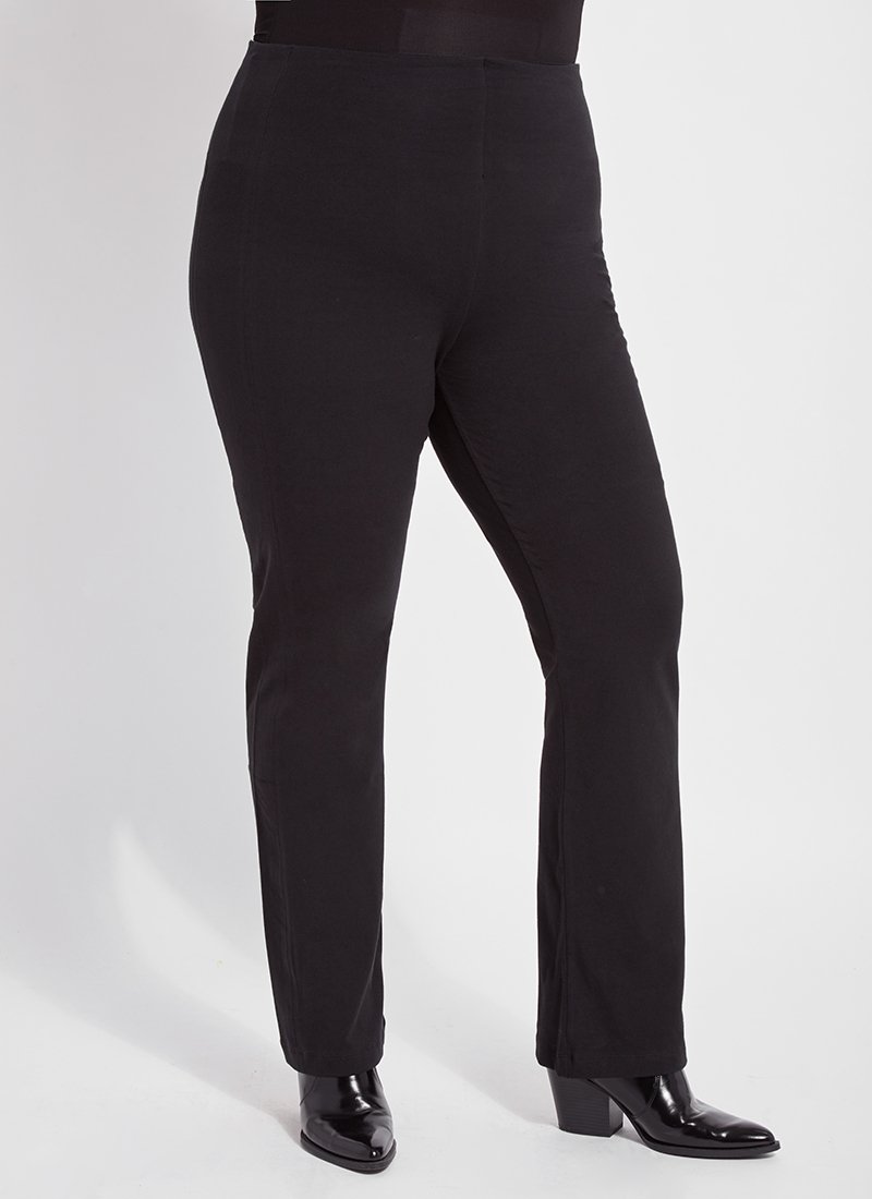 color=Black, angled front view, slimming workleisure bootcut pants made from stretch cotton, with lifting anatomic seaming