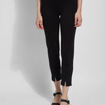 color=Black, front view, ankle-length pant with back flap pockets, fitted through hips and thigh, straight leg