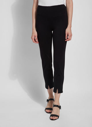 color=Black, front view, ankle-length pant with back flap pockets, fitted through hips and thigh, straight leg